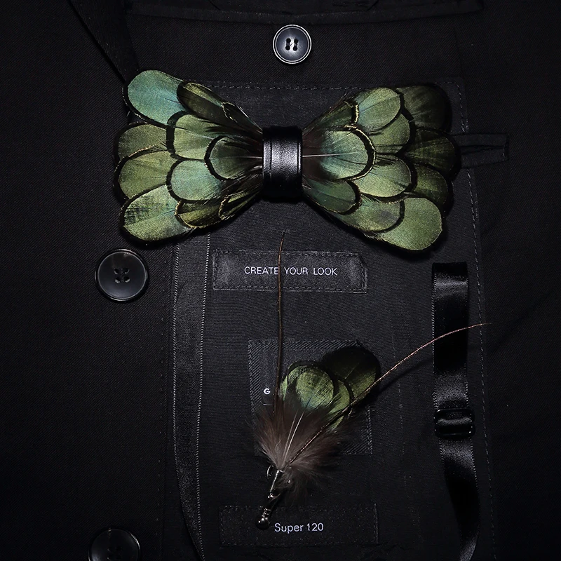 New Fashion Feather Neckties Men Pre Tied Bow Tie Handmade PU Leather TieS for Formal Wedding Party