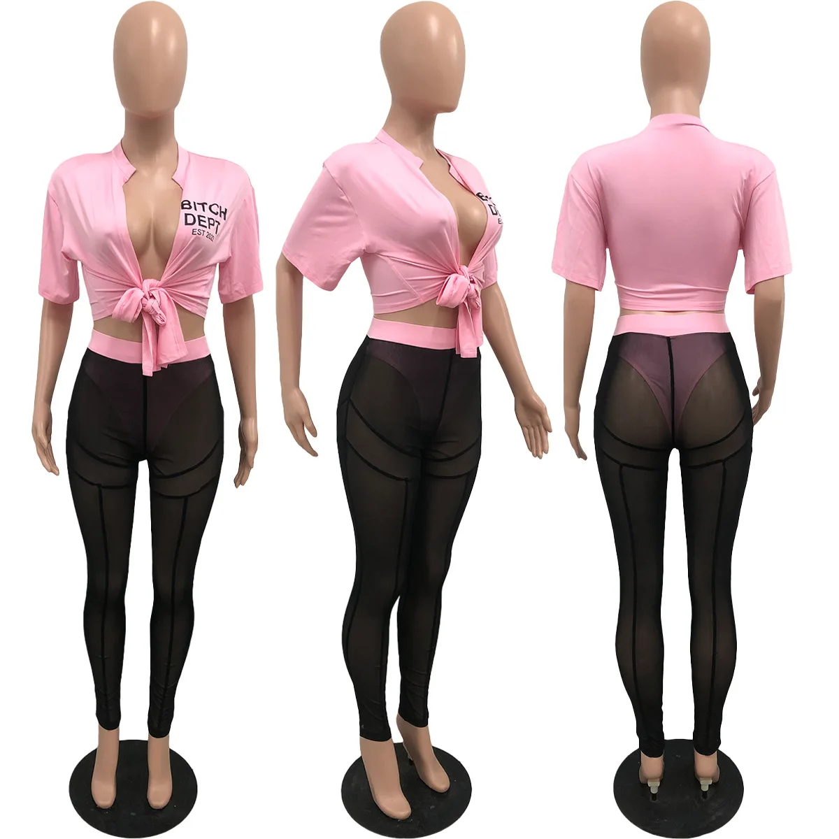 Sharee Dropshipping Y2k Street Clothing Bandage 2 Pieces Crop Tops And Mesh Pants Set Sexy Two Piece Pants Set