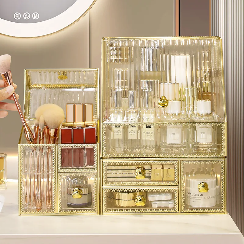 Luxury Transparent Acrylic Makeup Organizer Dust-proof Lipstick Holder Jewelry Make up Case Desktop Cosmetic Storage Box Set