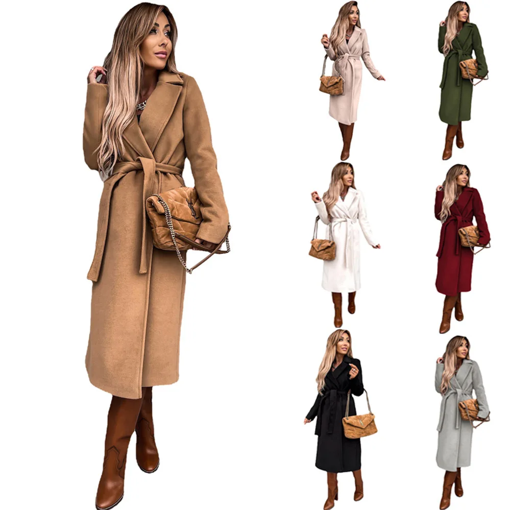 2024 Autumn and Winter Fashion Simple Temperament Long Sleeve V-neck Bandage Wool Coat Women Coat Outwear