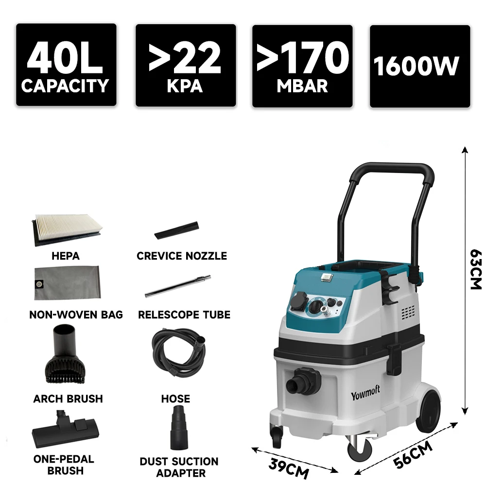 Professional 40L Industrial Vacuum Cleaner 1600W M Class Dust Extractor for Woodworking and Automotive Sanding JN507G