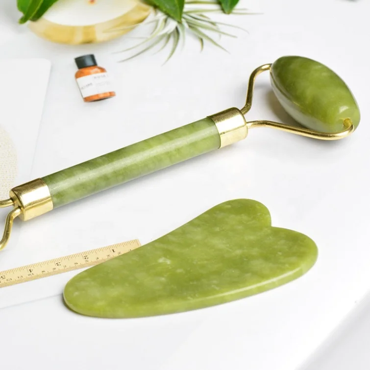 Private Label Skin Lifting Facial Massager Natural Gemstone Green Jade Roller Gua Sha Set