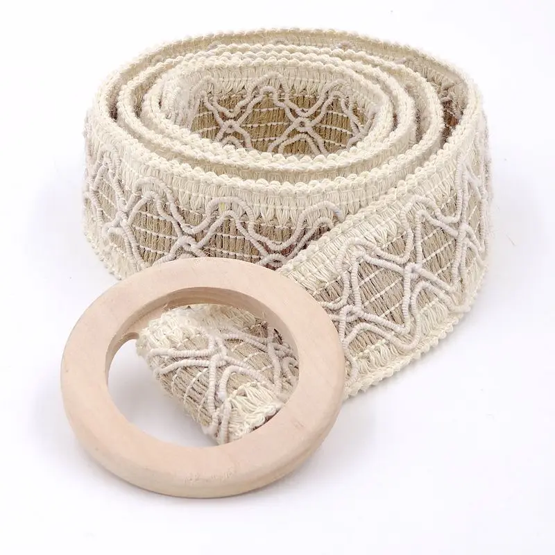 European Fashion Wood Buckle Lace Elastic PP Belt