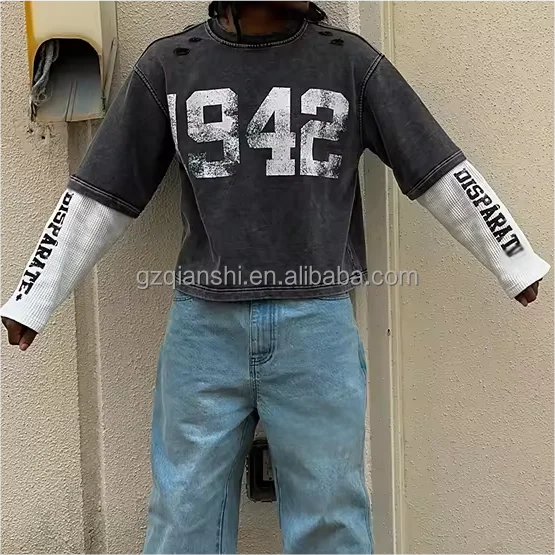 Custom round neck 240 gsm cotton Oversized Vintage Distressed Acid Wash boxy T Shirts black Double Layer Long Sleeve T-shirts