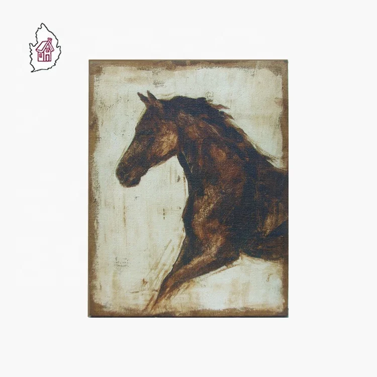 Antique Framed Linen Wall Print Art Picture Horse with wood frame on back (62541010331)