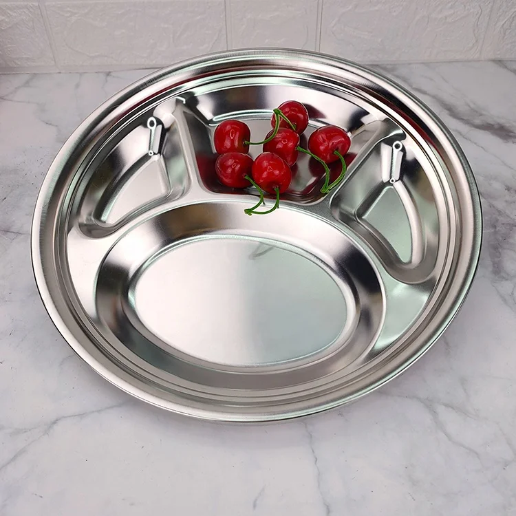 
Stainless Steel 4 Sections Round Divided Plate Dish Snack Dinner Tray Lunch 