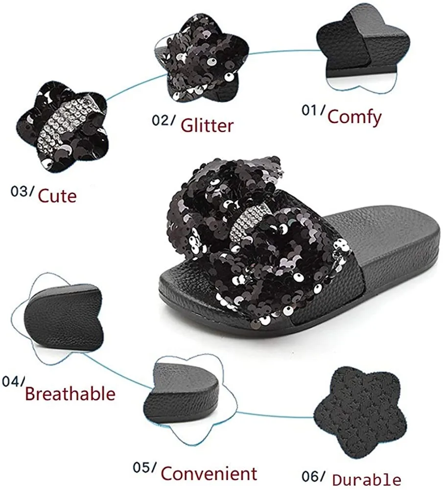 FREE SAMPLE Girls Glitter Slides Slippers Black Sequin Bow Shoes for Kids Beach PVC Molded Foot bed Flat form Sandals