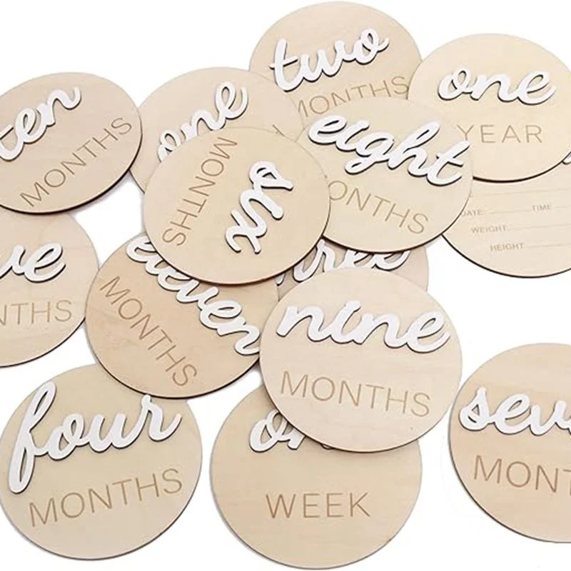 Set of 14 pcs 3D Wooden Monthly Milestone Marker Cards with Hello World Newborn Pregnancy Announcement Sign