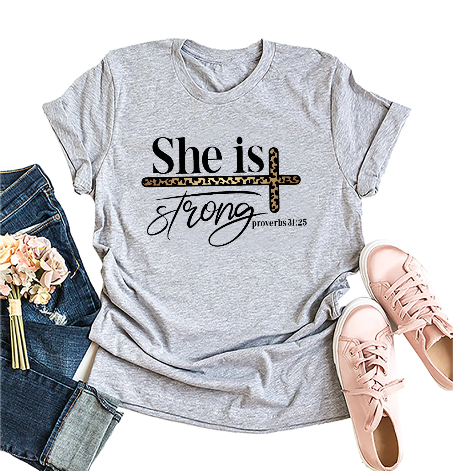 Wholesale Christian Shirts Women She is Strong Religious T-shirts  Casual Short Sleeves Letter Print Tee Faith Tops