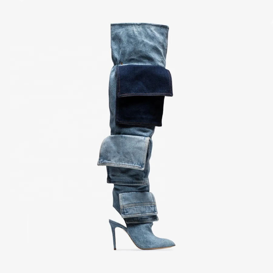 high quality lady shoes accept customize leather zip up baggy boots blue over the knee high heel women denim boots