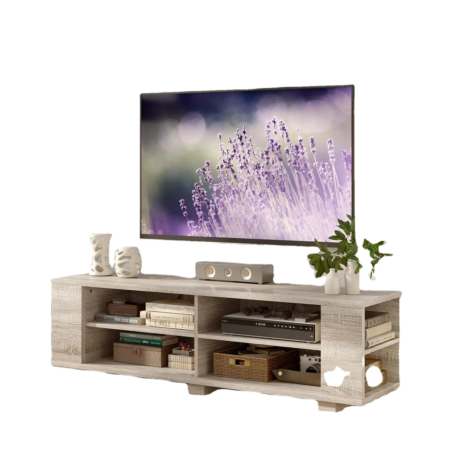 TV Stand Entertainment Center - Farmhouse Television Table up to 65 Inches TVs, TV Cabinet with 8 Open Shelves, 4 Cable Holes