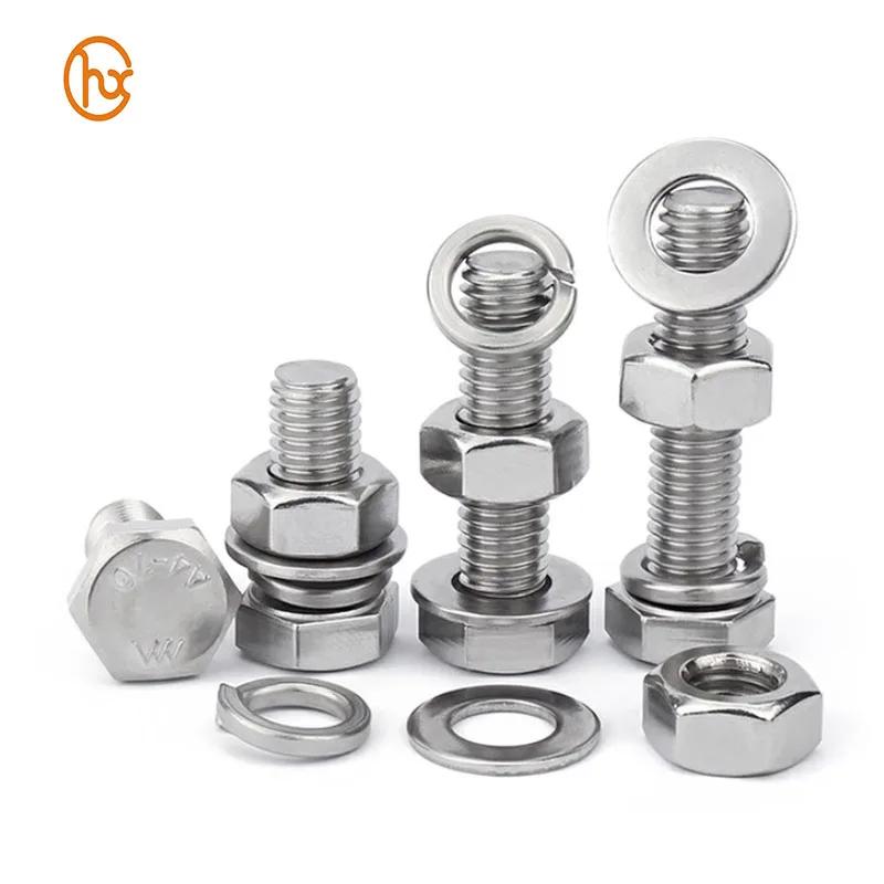 Stainless Steel SUS 304 316 316L A2 A4 Hex Head Bolt Set Hex Nut Single Coil Spring Lock Washer And Plain Washer Assemblies