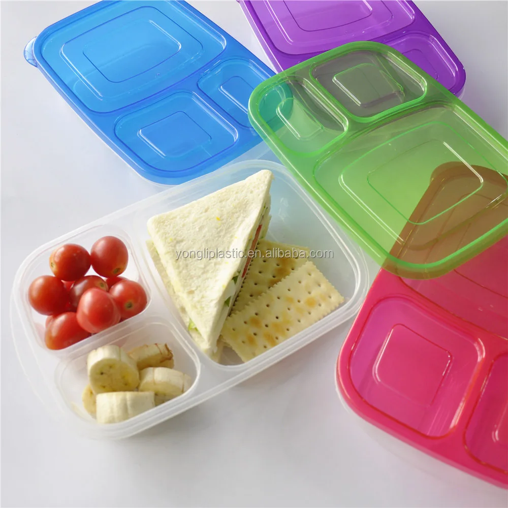 Yongli 4-Piece Microwave Dishwasher Safe Bento Lunch Box Set 3 Compartment Plastic Food Storage Containers School Kitchen Use