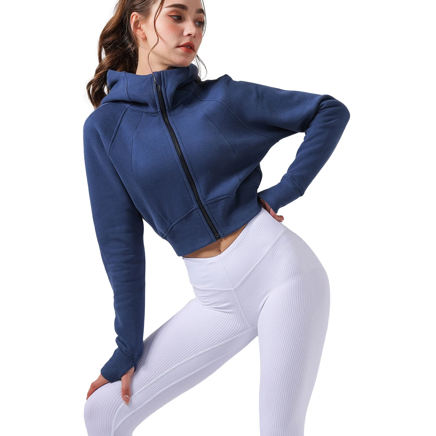 Autumn and Winter new fleece-lined warm sports yoga clothes short loose sweater women hooded fitness sports top