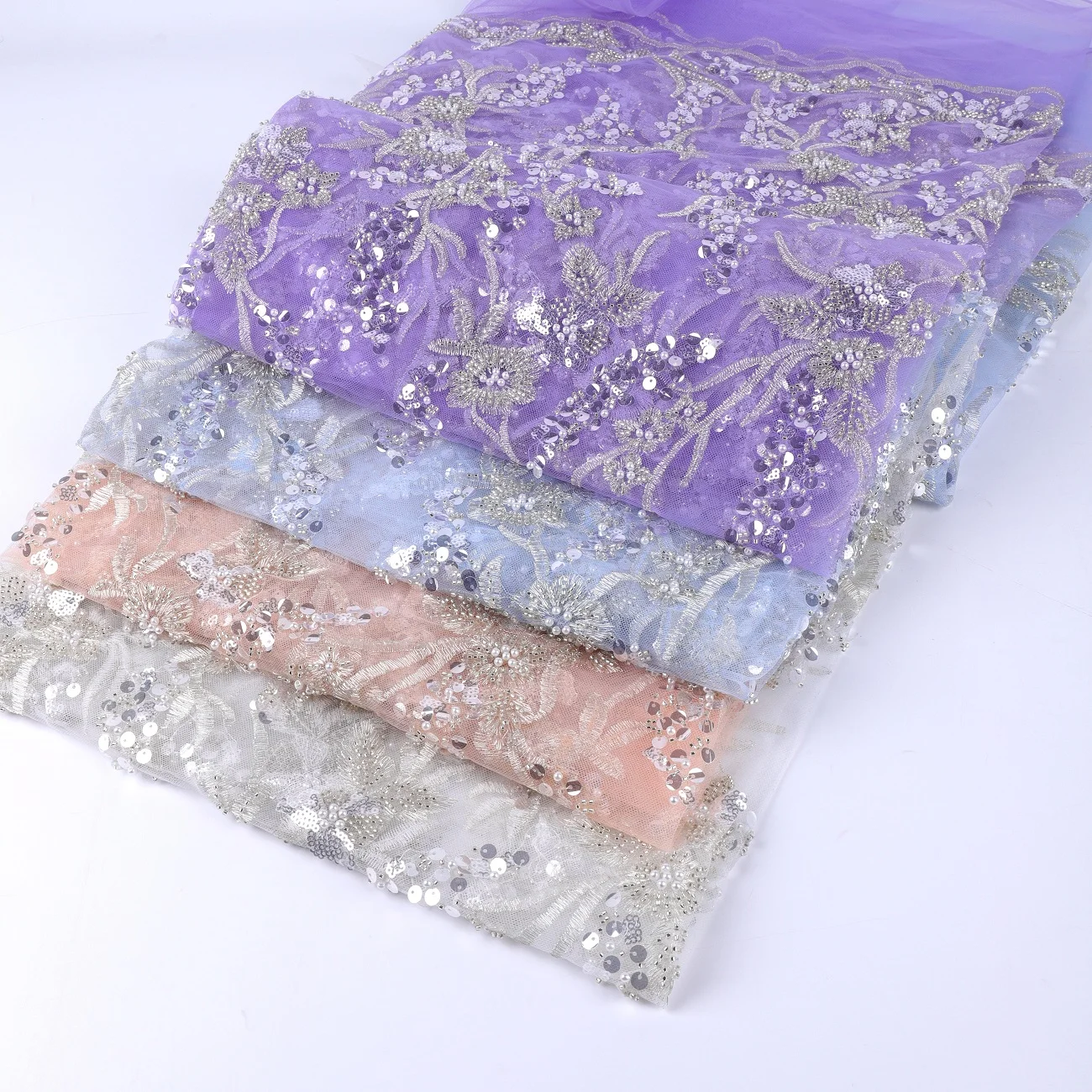 2021 Peach Light Blue Purple 3D Lace Fabric for Wedding Hand Made Pearl Beads Bridal Lace Fabric
