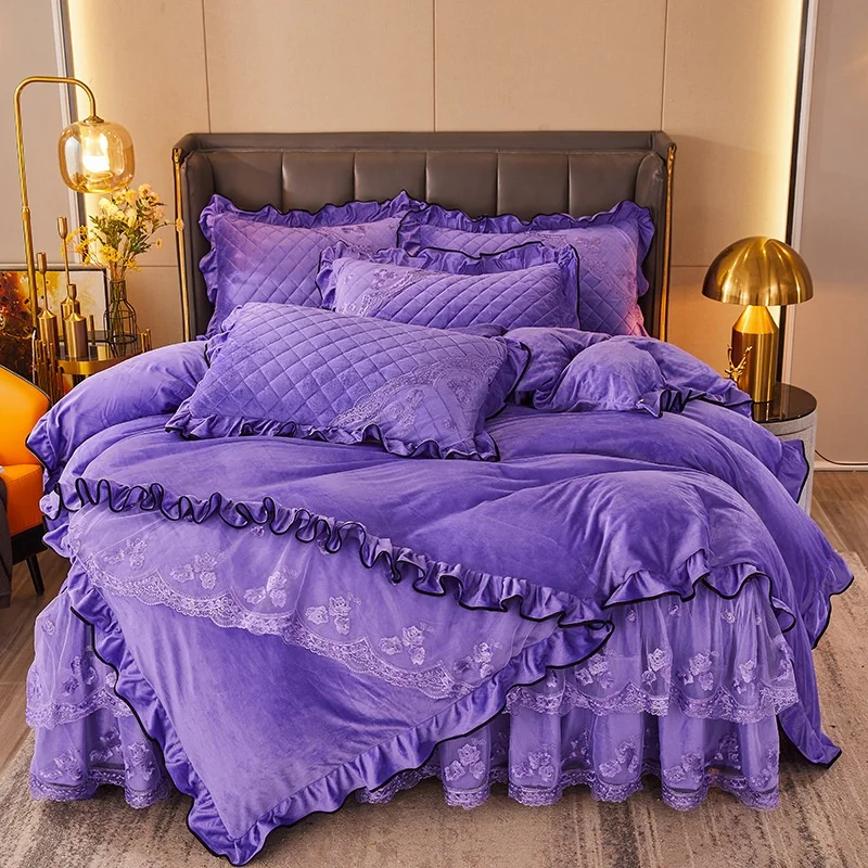 Comforter Bed Sheets and Skirt Bed Set Home Full Size Lace Velvet Embroidery Bedding Set Bedspread Bed Cover