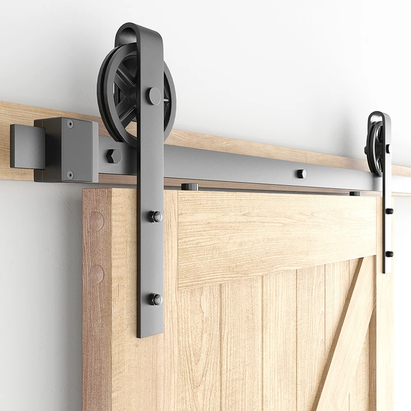 Modern Style SJ2009 Single Track Wheel System Barn Door Hardware Kit Classic Black Framed Rail Sliding Hotels Wooden Made Steel