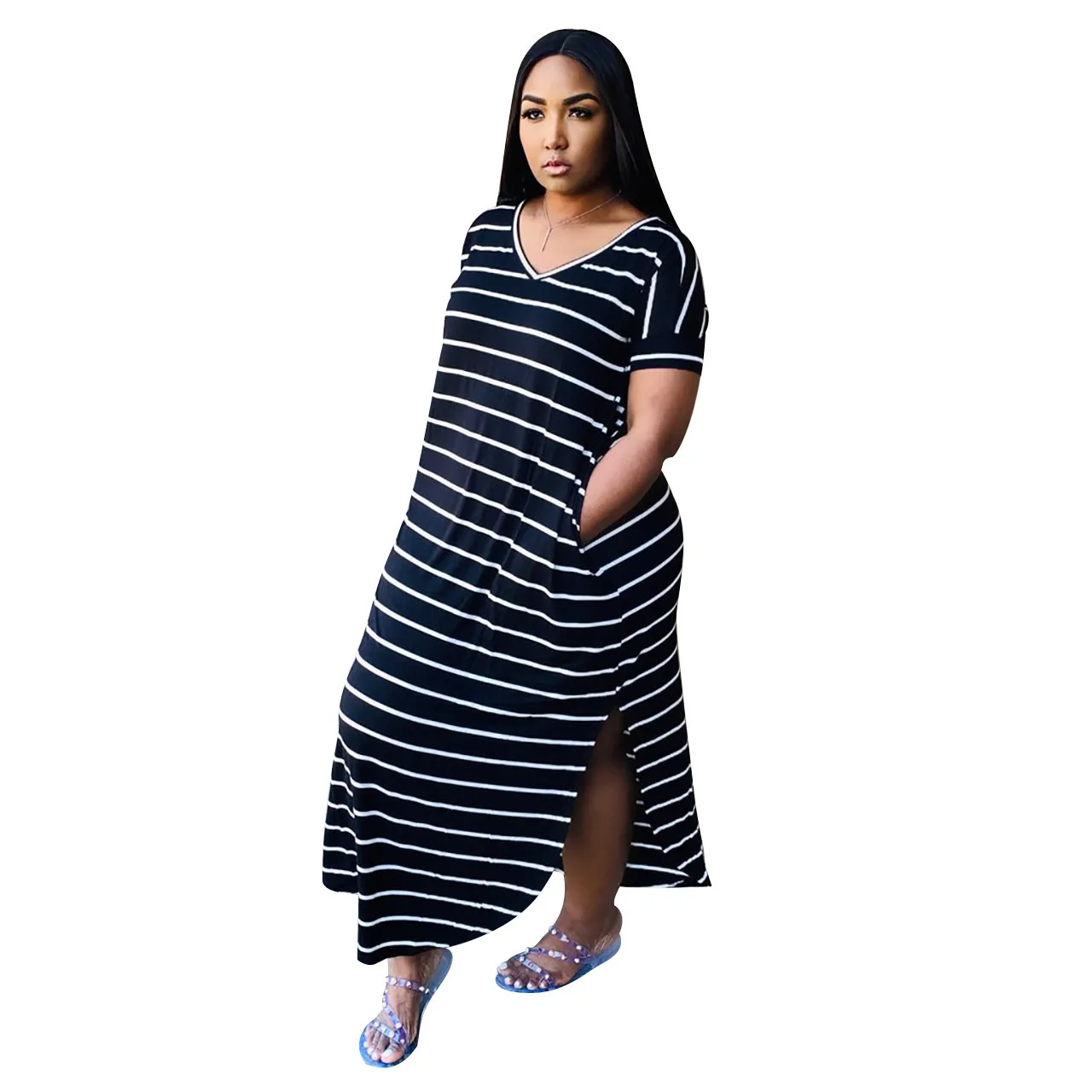 Fashion Side Pocket Striped Printed European And American Style Women Dress