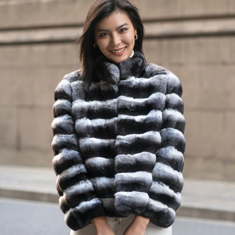 High Quality Fashion Luxury Natural Women Genuine Mink Fur Chinchilla Rabbit Fur Coat Stand Collar Winter Warm Fur Coat
