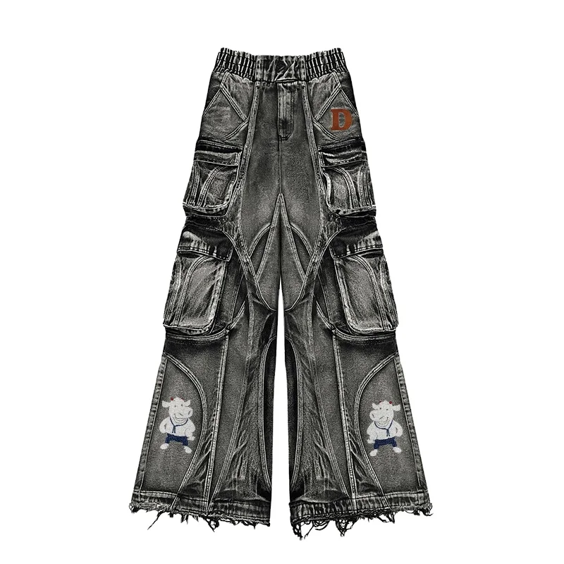 Fashionable Customized street clothes multi pocket  jeans for men  Denim     Straight  wrinkles pants  Loose long Wide Leg Jeans