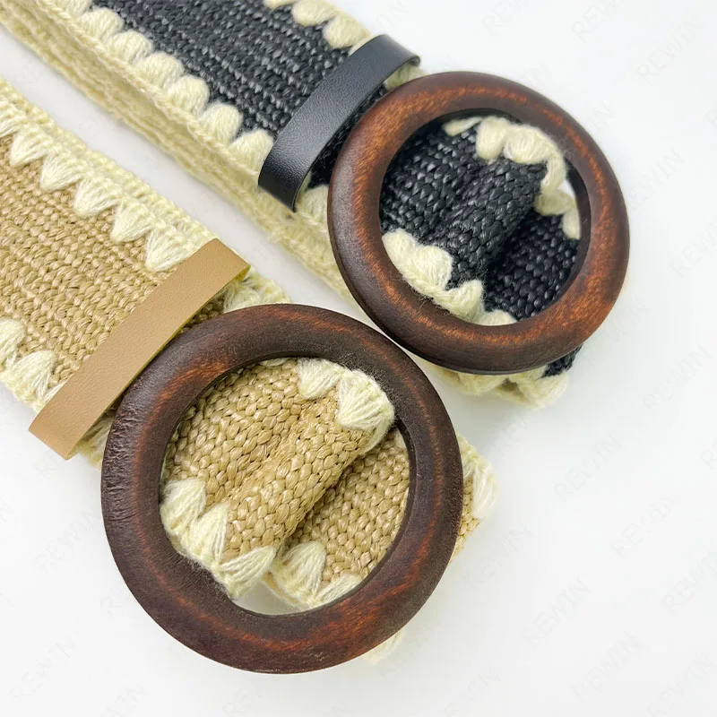 Wholesale Women Skinny Raffia Dress Belt Wooden Buckle Straw Woven Wide Belt Knitted Elastic Rattan Waist Stretch Belt