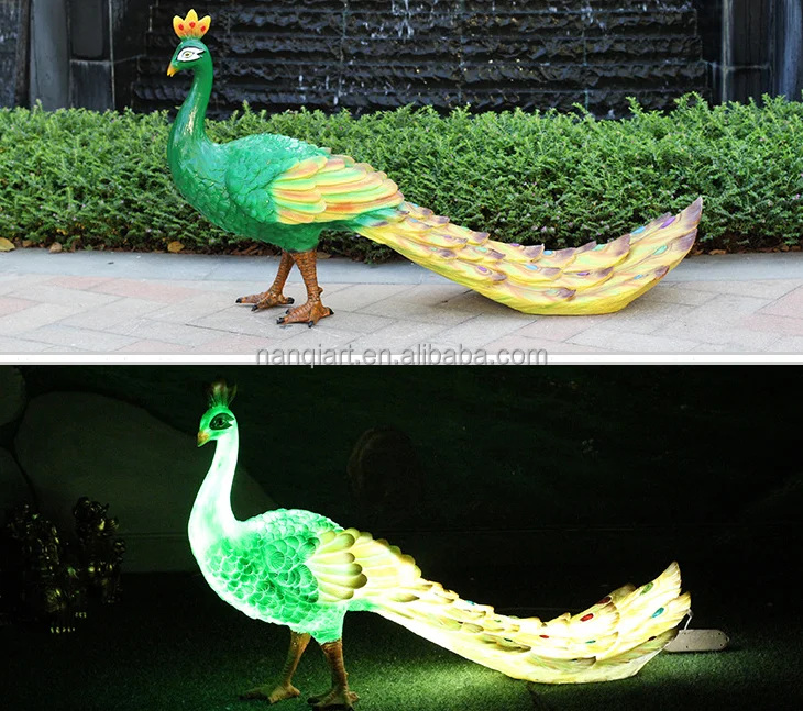 Holiday Park Light Show Decoration Garden Sculpture Realistic Life Size LED Fiberglass Luminous Animal Statues Peacock With Base