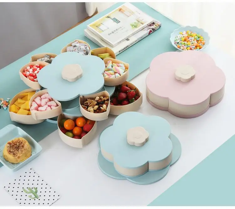 Single Layer Two Color Food Storage Tray With Small PartitionsRotary Switch Nuts Food Sub-grid Storage Box