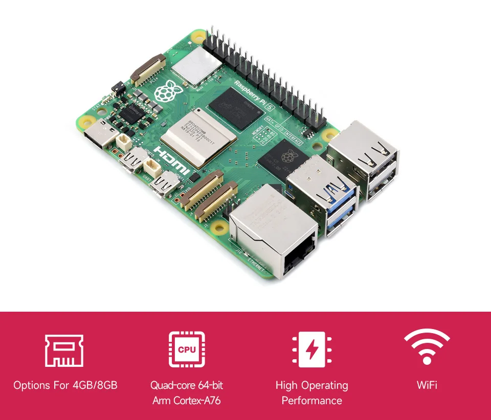 Raspberry Pi 5 Kit 4GB/8GB RAM BCM2712 processor 2.4GHz quad-core 64-bit Arm Cortex-A76 CPU Built Using RP1 I/O Controller