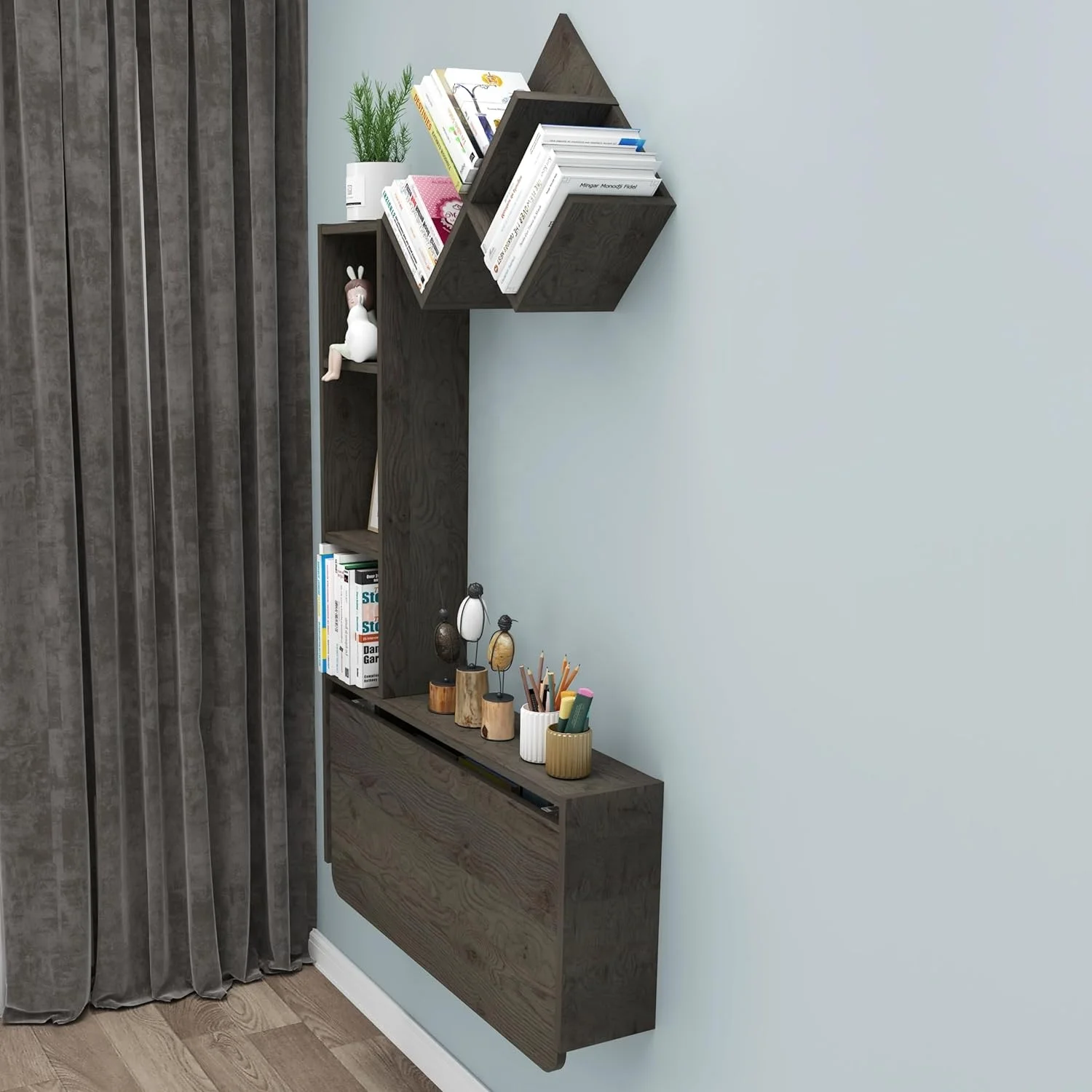 Multi-Functional Moveable Wooden Folding Wall-Mounted Office Desk Space-Saving Floating Laptop Computer Modern Rustic Home