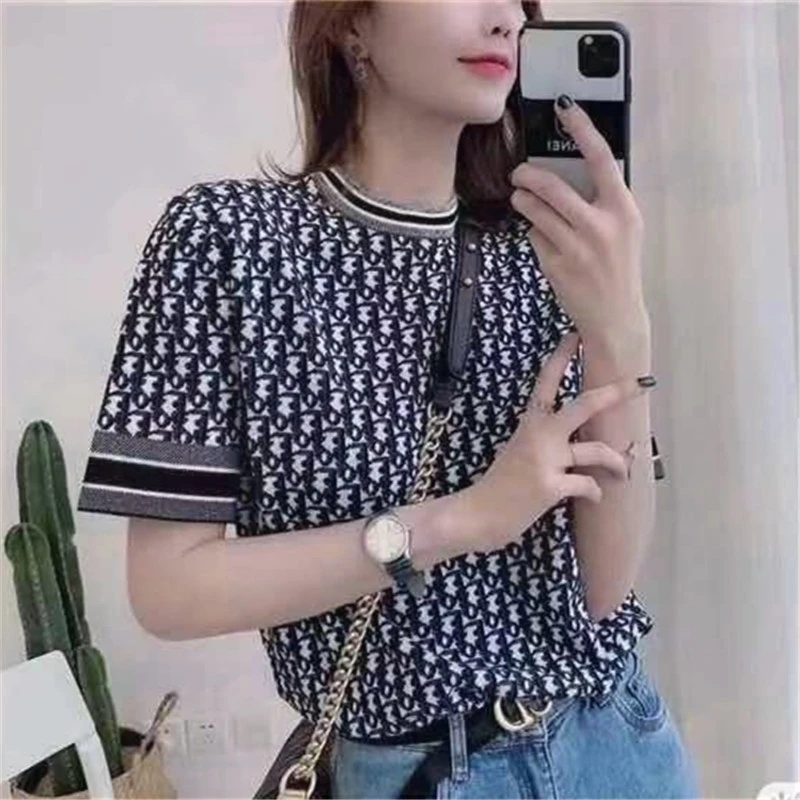ladies sweater short Sleeve knitwear round neck letter jacquard fashion Knitted women pullover knit top Sweater women