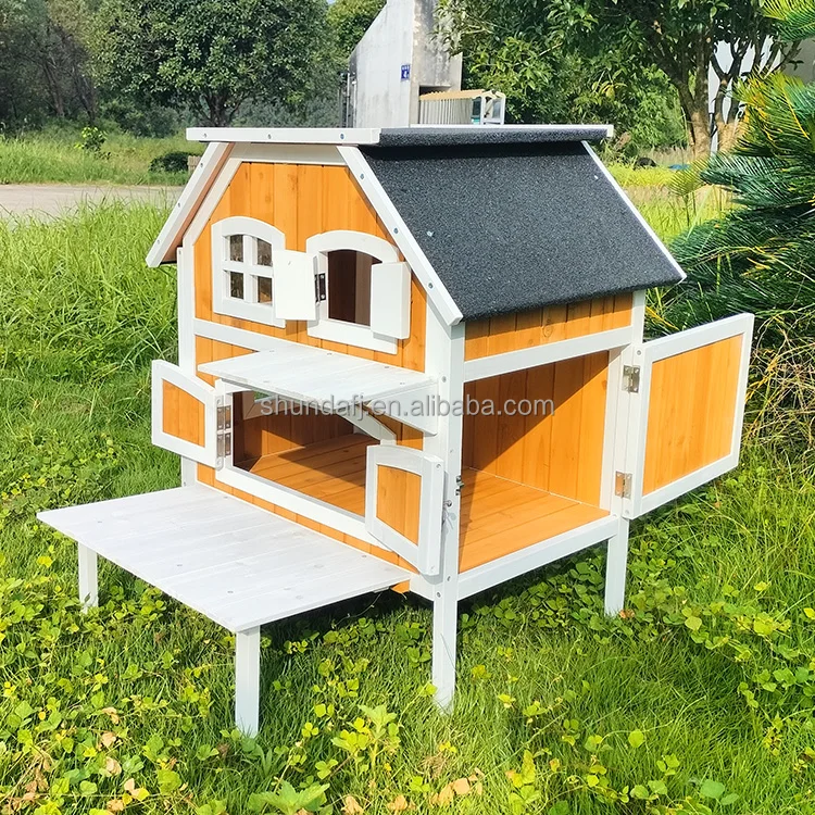 SDCH007 Cat House 2 Level Wood Multifunction Indoor Outdoor Use Wooden Cat House For 1-2 Cats