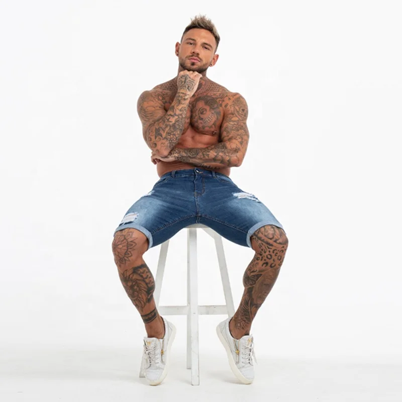 Drop Shipping Mens Street Wear Blue Skinny Soft Washed Skinny Fit Stretch Jeans Shorts