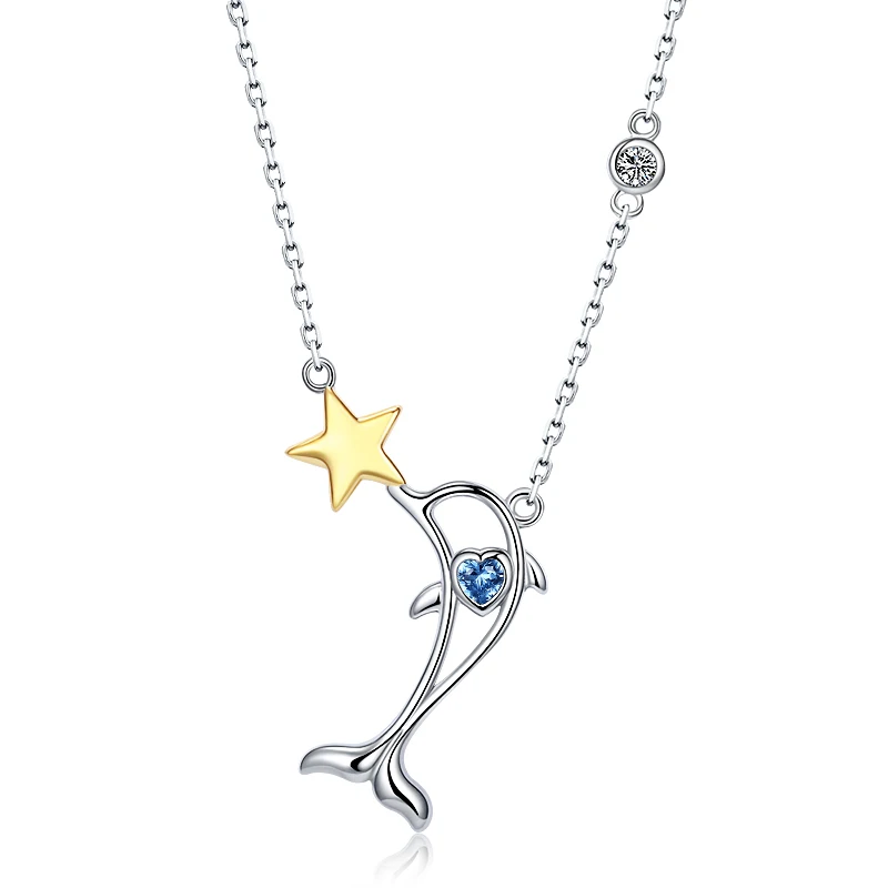 925 Sterling silver blue zircon pave cute animal dolphin star pendant necklace for women gift