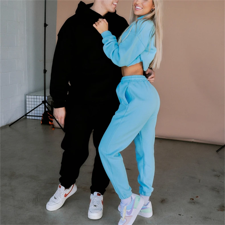 Wholesale Winter Spring Solid Casual Tracksuit Women Fleece 2 Pieces Set Couples Sweat Suit