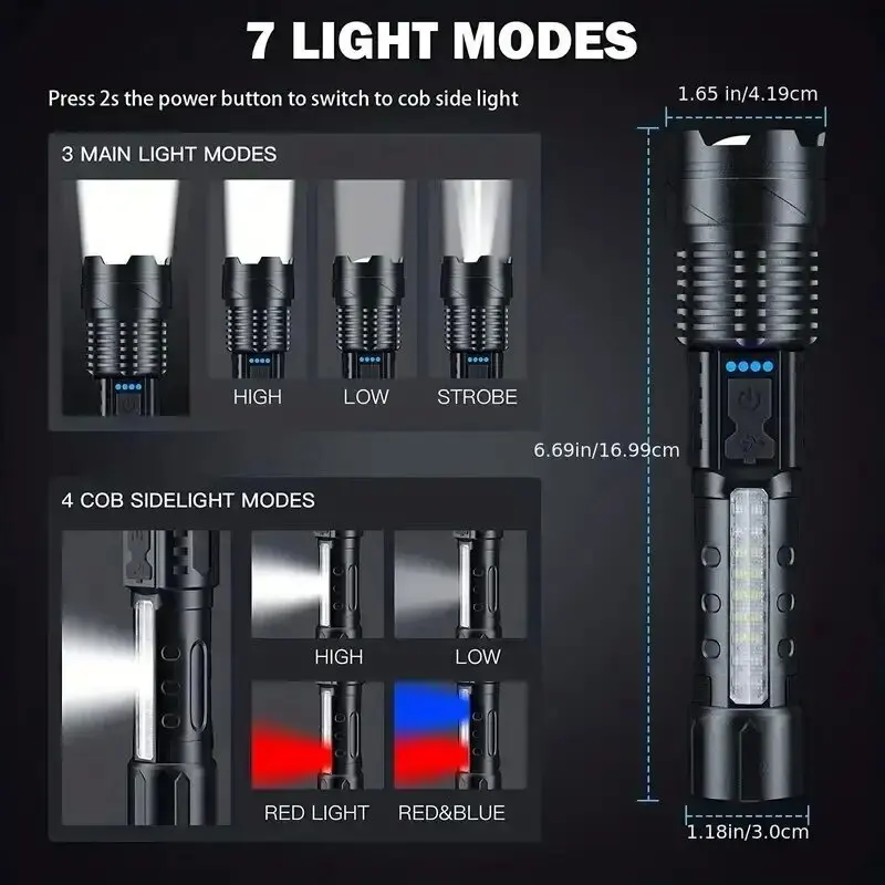 High Power Flashlight LED Zoom Focus Power Display Handheld Torch Type C Rechargeable Flash Light for Camping