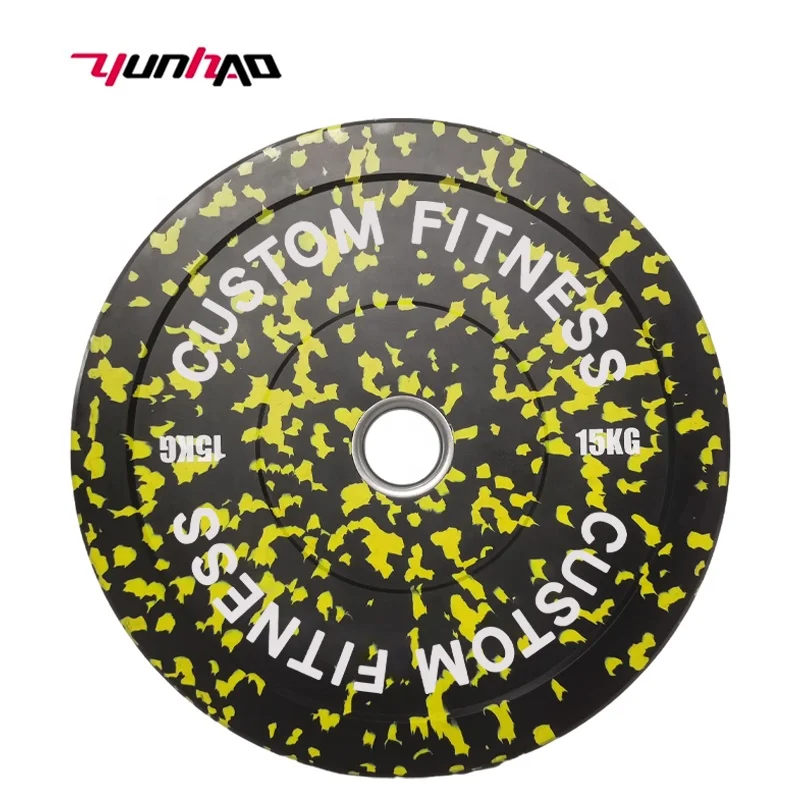 YunCheng Hot Sale Custom Logo 5-25 KG Fleck Camouflage Weightlifting Barbell Plates Change Rubber Bumper Plates Set Lbs