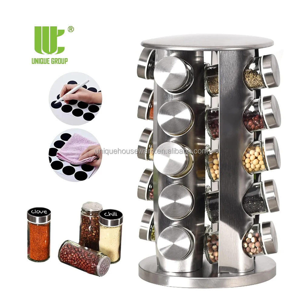20 Jar Stainless Steel Revolving Spice Rack Organizer Round Carousel Tower Countertop With Reusable Labels and Funnel