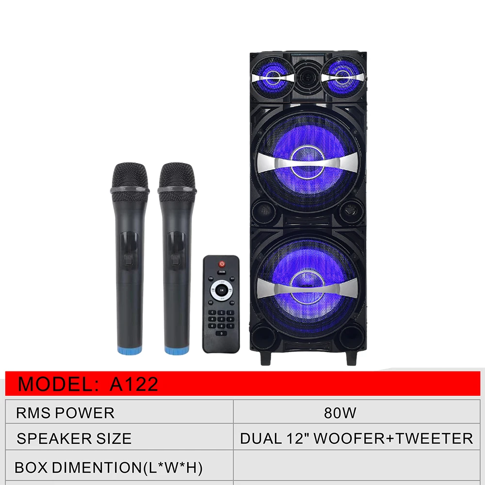 Guangzhou speaker New arrival A122 Party Karaoke Dual 12 Inch DJ bass sound speaker with wireless mic