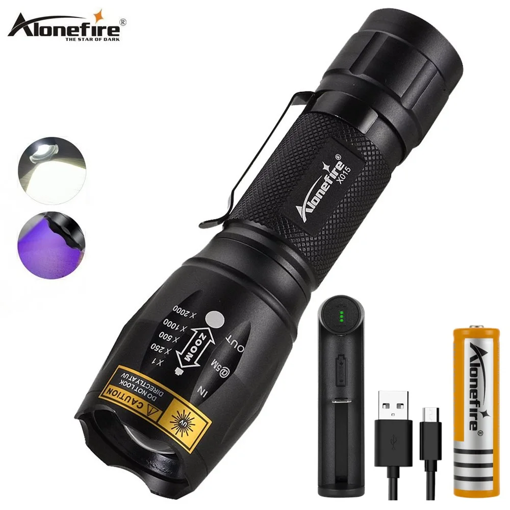 Alonefire X015 2 in 1 T20+UV 395nm led Flashlight Ultraviolet Detector Pet Urine Stains fiber Ore Scorpions Zoom Function torch