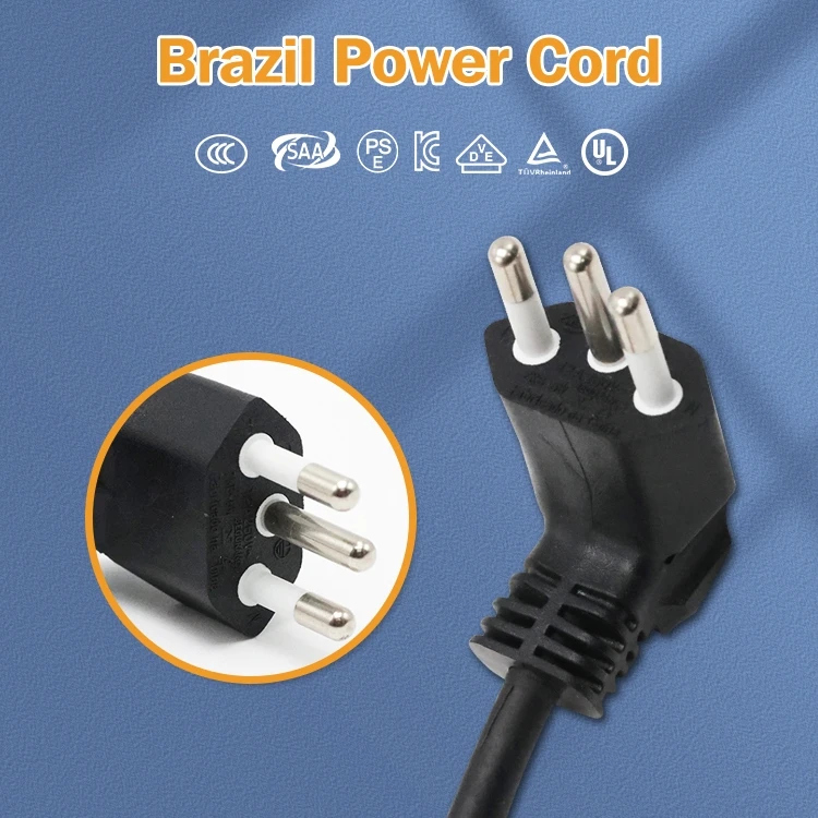 Top Quality Brazil 12/16/20A  3 Round Pin Plug Power Cords Black Kettle Plug with Open Ended Power Cord For Household appliances