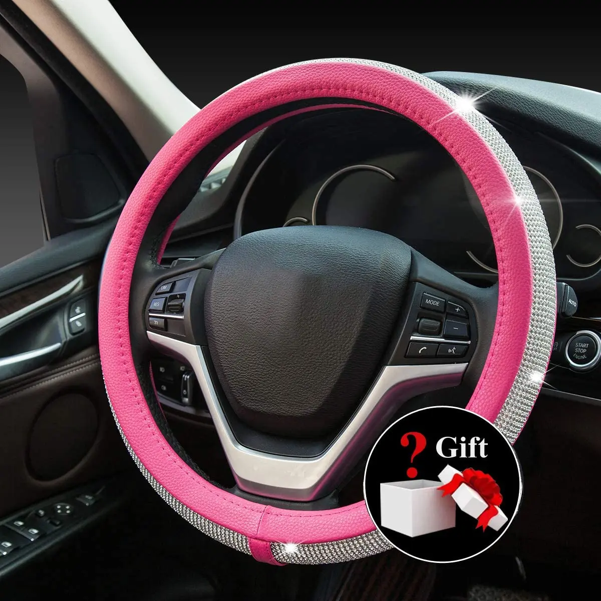 
car accessories universal Pink lovely girly rhinestones leather steering wheel cover 