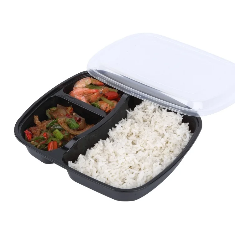 Bento Box 3 Compartment Disposable Takeaway Plastic Fast Food Storage Container With Lid