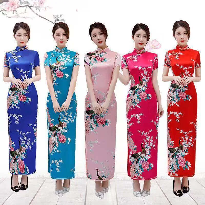 ZJ30-Vintage Floral Qipao Faux Silk Elegant Chinese Dresses Short Sleeves Long Plus Size Slim Cheongsam S-6XL