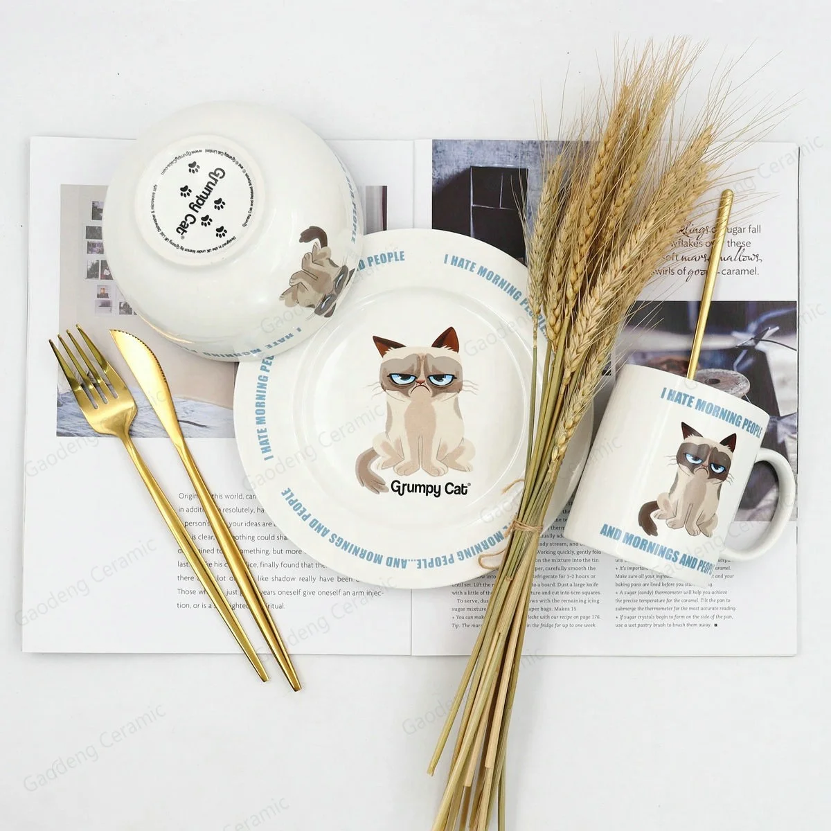 Cartoon cute cat fine ceramic tableware dinnerware household dishes set ins cute animal dinnerware set