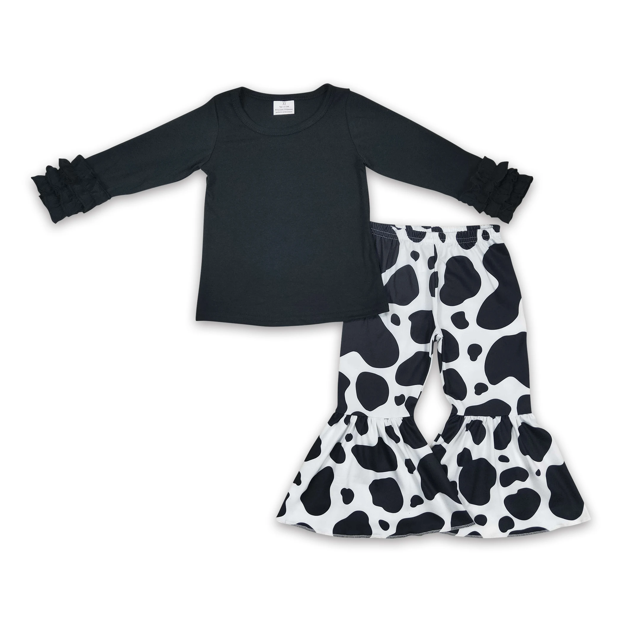 GLP0409 High Quality Western Clothe black lace Long-sleeved Top and  White Cow-print Pants Cotton Fabric outfits
