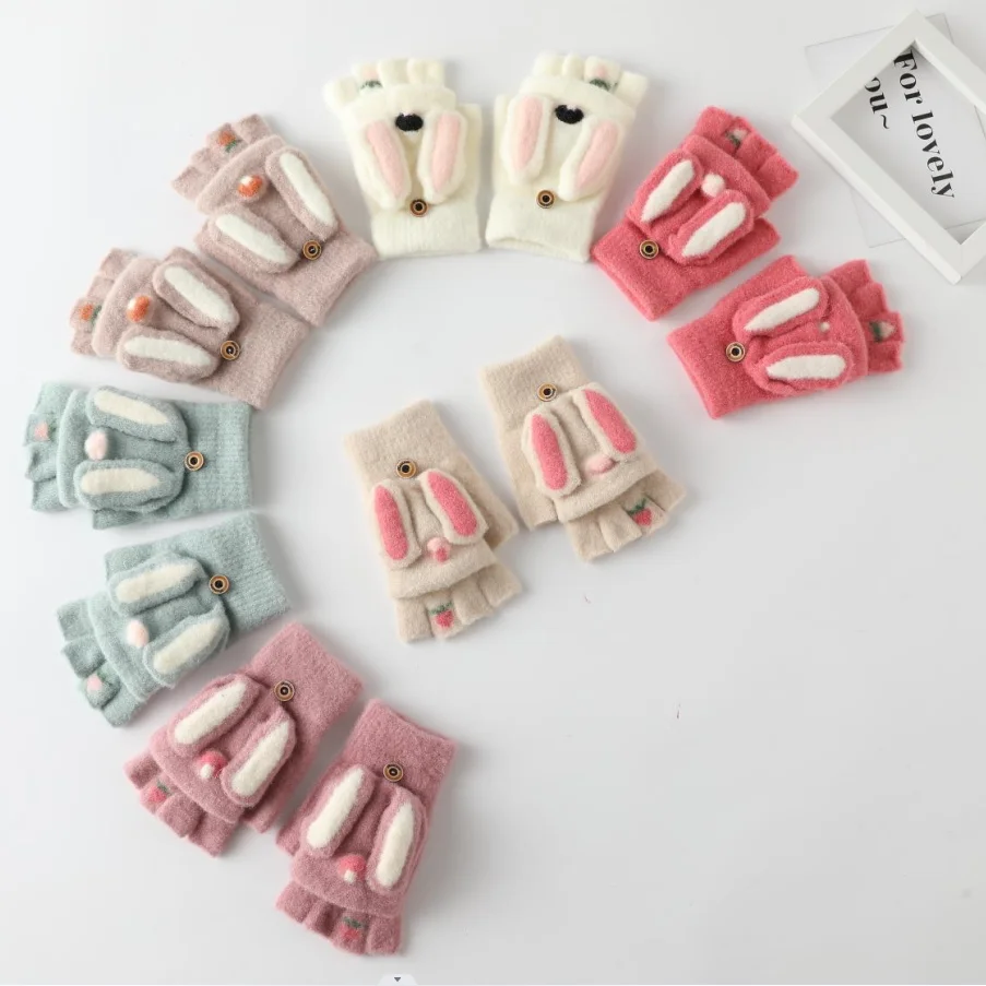 Wholesale Warm Winter Outdoor Toddler Gril Knitted Half-Finger Mitten Cute long-eared rabbit kids Girl Gloves