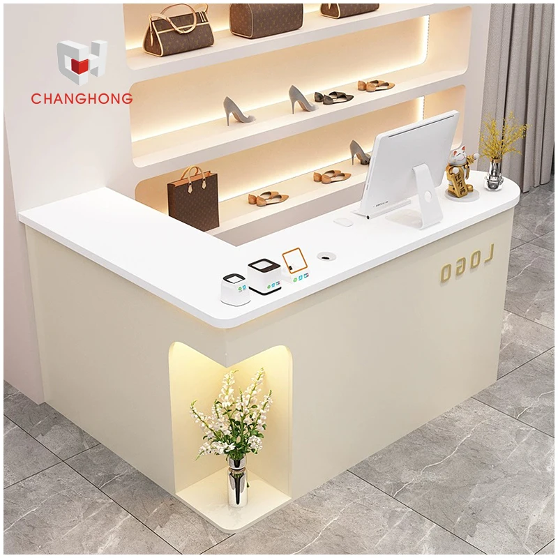 Factory Direct sale Simple wooden L-shaped cashier desk table retail shop and handbag store cash counter table