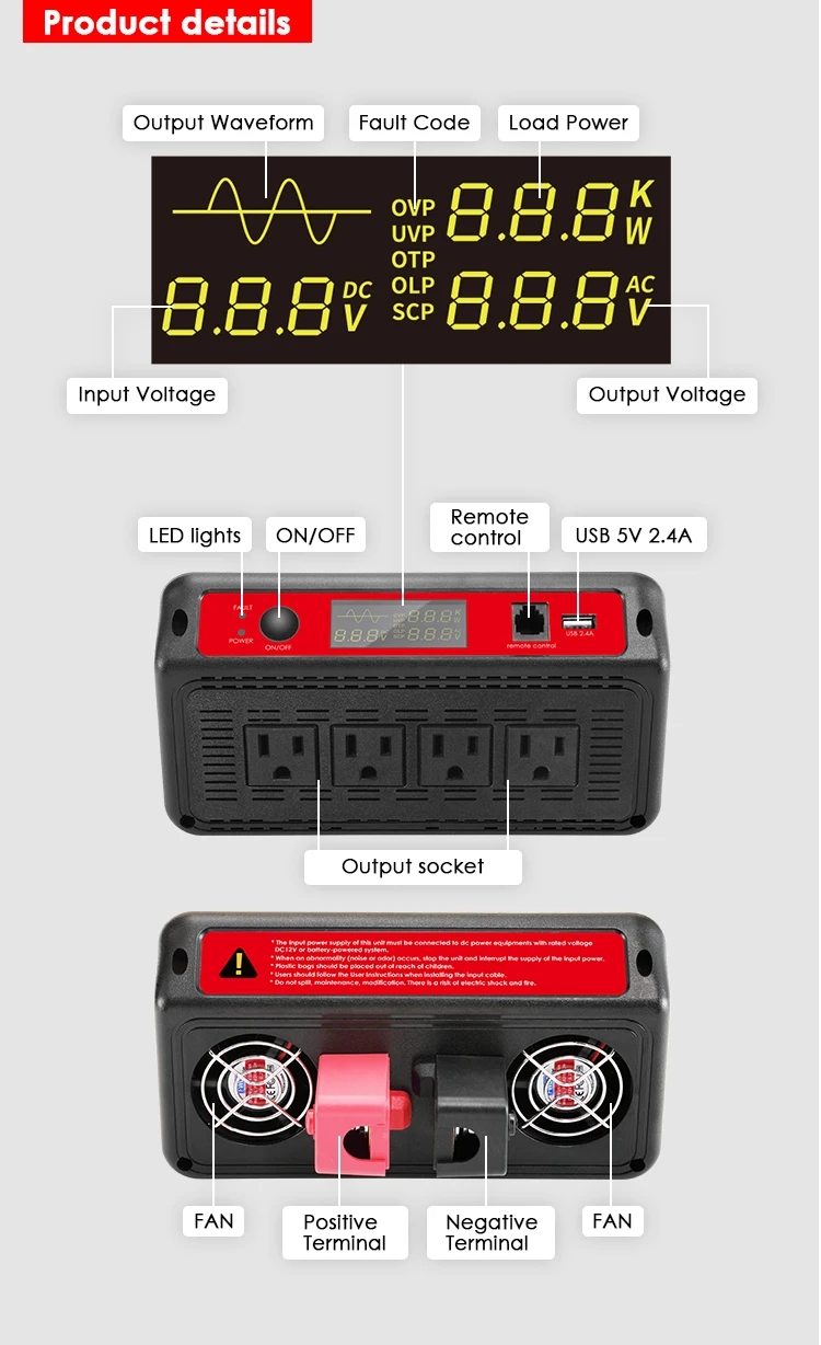 Intelligent 1500w off grid pure sine wave dc 12v 24v 36v 48v to 100v 110v 120v ac power inverter