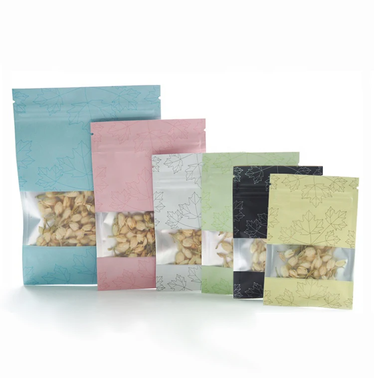 In Stock and Custom 3 Side Seal Food Packaging Maple Leaf Pattern Printed Zipper Bag Aluminum Foil Inside Colorful Window Pouch