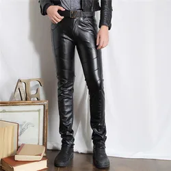 Hot winter man sexy tight pu leather pants black spandex sexy leather pants high waisted skinny black leather pants
